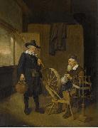 Interior with angler and man behind a spinning wheel.